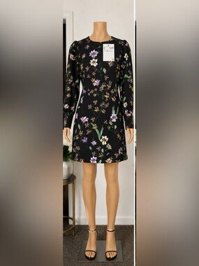 H&M Black Floral Long-Sleeve Mini Dress